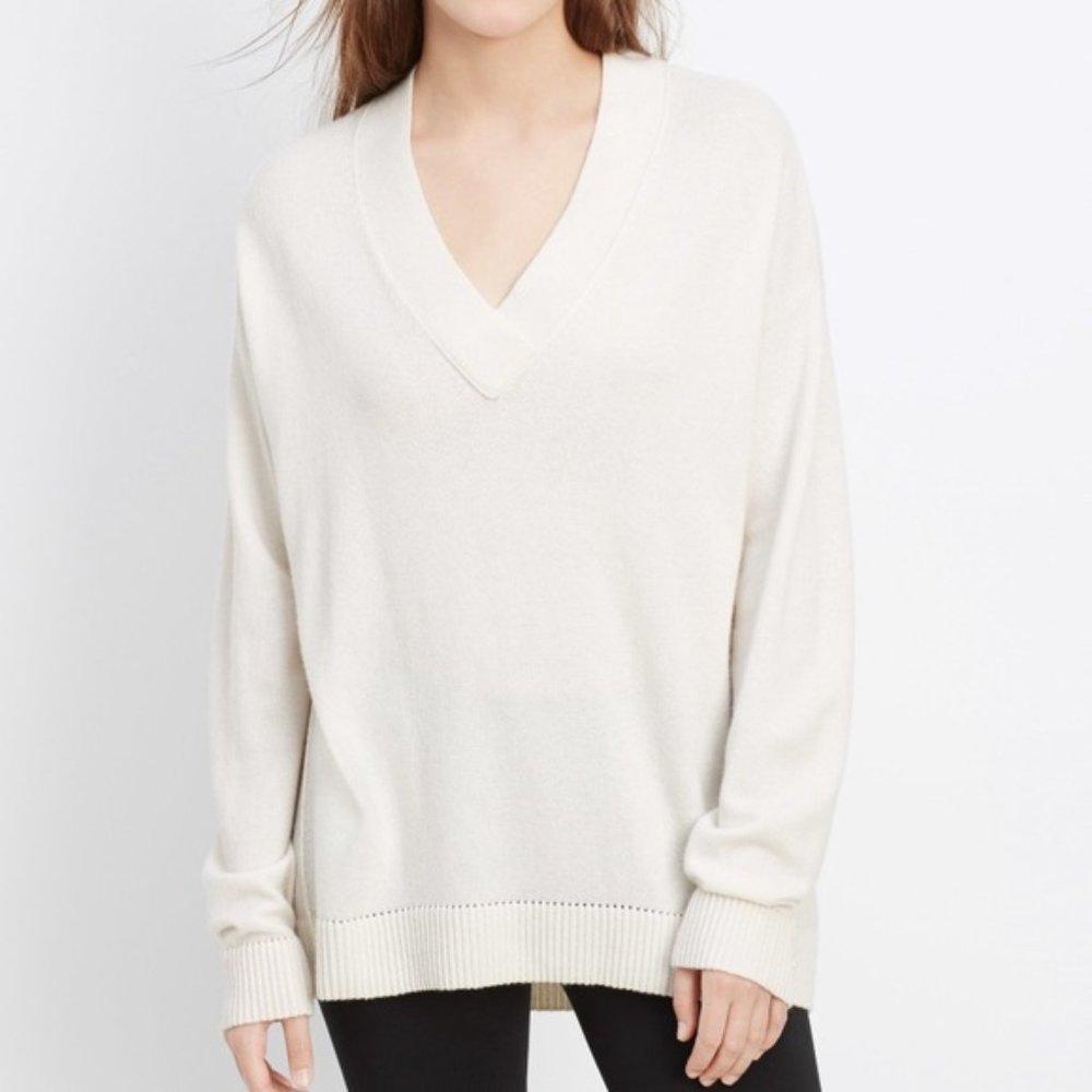 Vince Pointelle Trim 100% Cashmere V-Neck Sweater